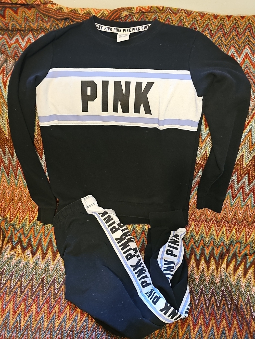 PINK Victoria's Secret Girls' Black Sweatshirt & Jogger Set with White Stripe